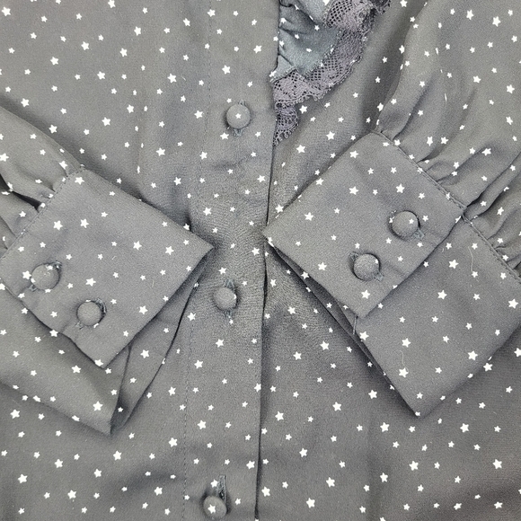 Who What Wear black long sleeve blouse white stars ruffle lace front button up M - Picture 8 of 11
